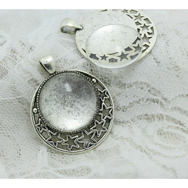 6set/sets Antique Silver Alloy star 36*45mm(Fit25mm dia) Round Cabochon Pendant Settings+Clear Glass Cabochon