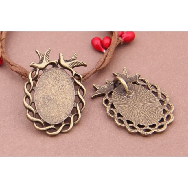 30pcs 16 x 24mm Antique Bronze Cabochon Pendant Base, Oval pendant setting, Bird (3010333)