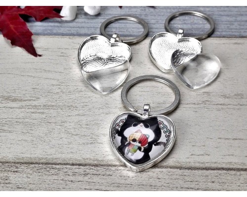 10 sets Photo Keychains DIY Kit - blank Heart 1 inch (25mm) bezel setting with glass cabochon and key ring, Heart keychain