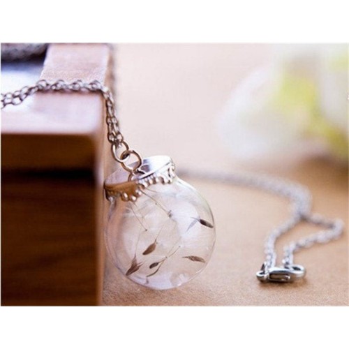 Silver dandelion necklace Pendant, dandelion seed glass ball necklace, Make a wish necklace 801001