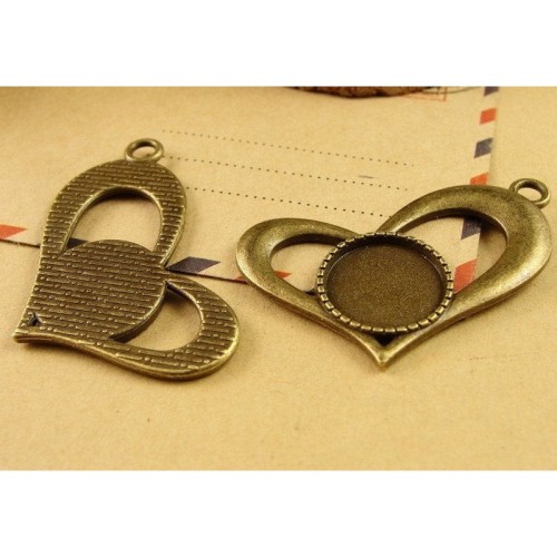 20pcs 14mm Antique Bronze Cabochon Pendant Base, Heart Shape round pendant setting (3020007)