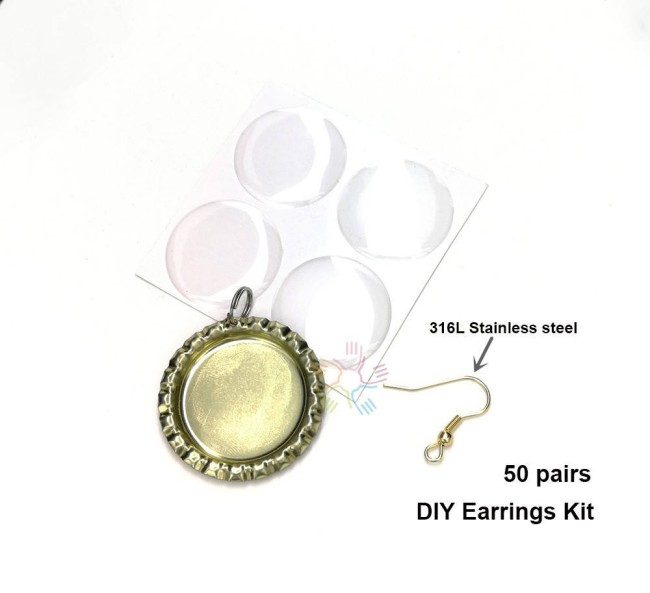 25pairs DIY Earrings Kit-100 Bottle Cap,50 pairs 316L Stainless steel Earring hooks,50pcs Clear Round Epoxy Stickers