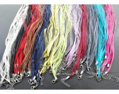 100 Mix colors Organza Ribbon Necklace for Bottle Cap pendant, Ribbon Cords with Extension Chains