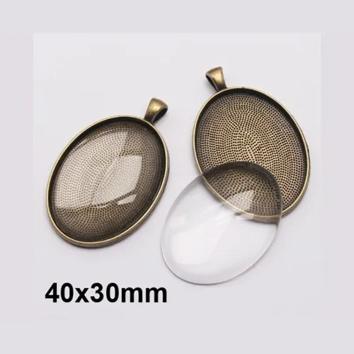 10sets free shipping 40x30mm Pendant Trays + glass cabochon set, Blank Pendant Bases,Bezel Pendant Settings