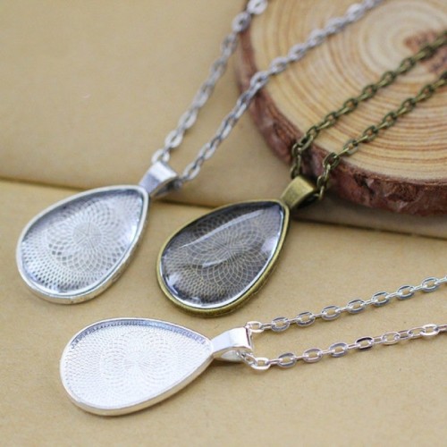 20x30mm Teardrop Pendant Tray, Necklace Pendant Settings, Bezel Pendant Blanks + Rolo Chain Necklace + Clear Glass Domed 10 kits