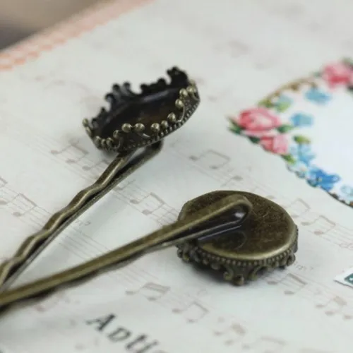 50PCS 15mm Bobby Pins Hair Clips with bezel tray, fits 15mm round cabochons in bezel tray