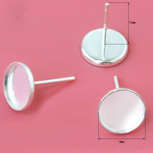 4pcs 925 Sterling Silver Earrings Settings 8mm Blank Round Base Cabochon Stud Ear Flat Base DIY Pure Silver Earrings