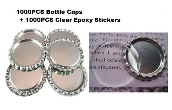 Bottle Cap Kit - 1000pcs Flattened Flat Silver Linerless Bottle Caps and 1000pcs 1 inch High Quality Clear Round Epoxy Stickers E007
