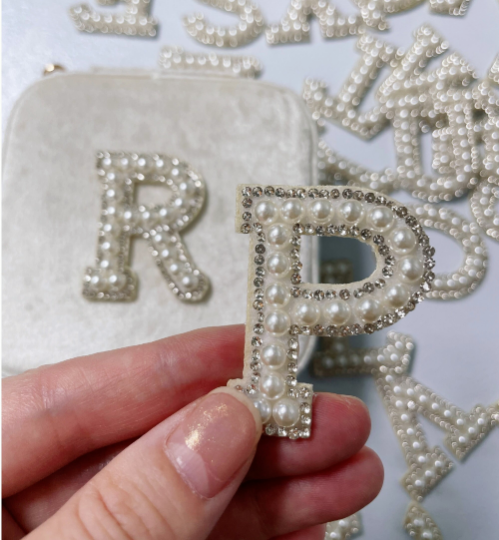 6/12 Rhinestone Iron On Patch White Pearl Bling Rhinestone Letter Patch, 1.8  Glitter Alphabet Applique Rhinestone Letter