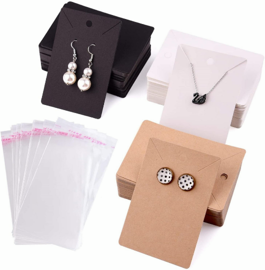 100 Pack Necklace Cards+100 Pcs Self-Sealing Bags, Kraft Paper Necklace Display Cards and Earring Card  for Earrings and Necklace