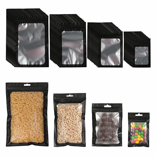 100pcs candy bag|Food Packaging|Shiny bags|lashes bags|lip gloss bags|Black Storage Bags with Clear Window|packaging supplies