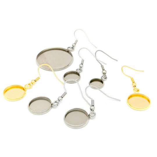 Ear Wire Hook Setting,Cabochon Setting Stainless Steel Dangle Round Trays Base for DIY Craft, Jewelry Making Supplies and Earring Finding