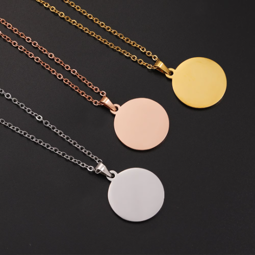 Engravable Necklace,hand stamping blanks With 45cm chain|304 Stainless Steel Round Tag Charm Pendant, blank disc pendants