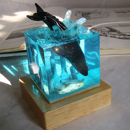 Square Whale Model Resin LED Night Light Desktop Decor Handcrafts