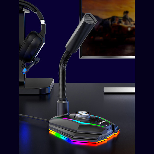 Game Streaming Microphone RGB Base HD Sound Card with Speaker Headset Jack Free Drive Noise Reduction Rotate Receiver (USB Ultimate Edition)