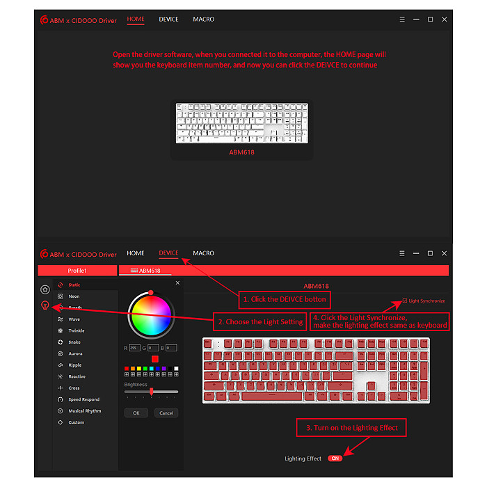 CIDOO ABM618 108-Key Mechanical Keyboard Red Switch RGB Light Pudding Keycaps