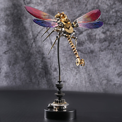 300pcs Steampunk 3D Dragonfly Model Assembly + Flower Base Red and Blue Wings Golden