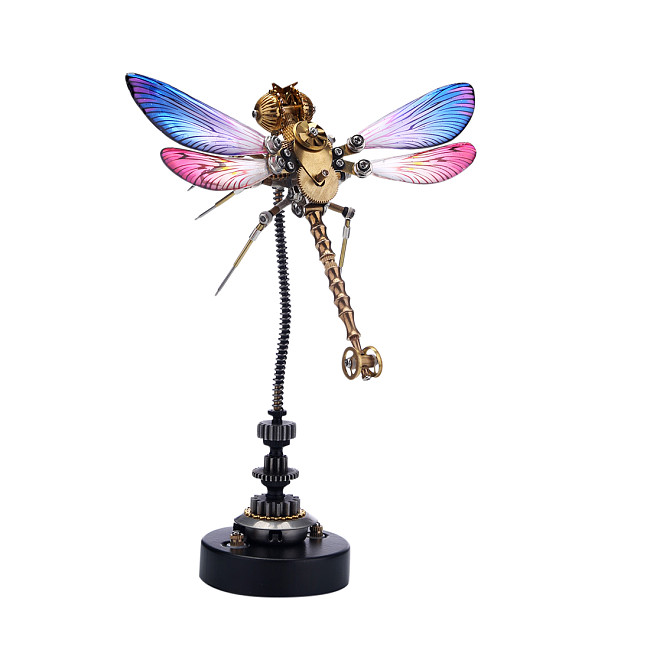 300pcs Steampunk 3D Dragonfly Model Assembly + Flower Base Red and Blue Wings Golden