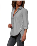 Women's Fashion Solid Color Roll Sleeve Shirts Casual Tops Blouse