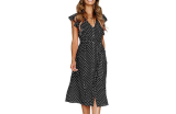 Women's Summer Boho Polka Dot Sleeveless V Neck Swing Midi Dress with Pockets