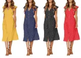 Women's Summer Boho Polka Dot Sleeveless V Neck Swing Midi Dress with Pockets