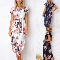Sleeveless Floral Print Elegant Dress Drawstring Waist Slim Party Beach Maxi Dress