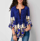 Women V Neck Plus Size Floral Print Loose Long Sleeve Shirts