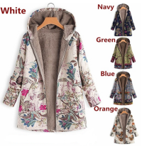 Women's Fashion Leaves Floral Print Fluffy Fur Hooded Long Sleeve Vintage Coats 