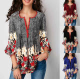 Women V Neck Plus Size Floral Print Loose Long Sleeve Shirts