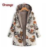 Women's Fashion Leaves Floral Print Fluffy Fur Hooded Long Sleeve Vintage Coats 