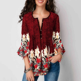 Women V Neck Plus Size Floral Print Loose Long Sleeve Shirts