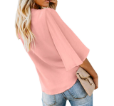 Women's Casual 3/4 Tiered Bell Sleeve Crewneck Loose Tops Knit Shirt