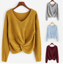 Women Autumn Solid Color Front Crossing V Neck Long Sleeve Sweater
