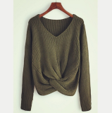 Women Autumn Solid Color Front Crossing V Neck Long Sleeve Sweater
