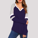 Stripe Patchwork V Neck Long Sleeve T Shirt 