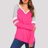 Stripe Patchwork V Neck Long Sleeve T Shirt 