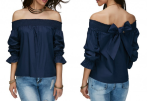 Women Casual 3/4 Sleeve Tops Solid Color Strapless Loose Elegant Backless Lace Up T-Shirts