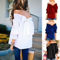 Women Casual 3/4 Sleeve Tops Solid Color Strapless Loose Elegant Backless Lace Up T-Shirts