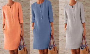 Women's Autumn Cotton and Linen Round Neck Long Sleeve Dress