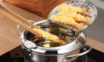 Tempura Fryer Pot with thermometer and drain shelf