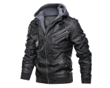 Men’s Casual  PU Faux Leather Zip-Up Jacket with a Removable Hood