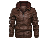 Men’s Casual  PU Faux Leather Zip-Up Jacket with a Removable Hood