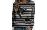 Women's Tunic Striped Cat  Print Round Neck Tops