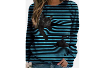 Women's Tunic Striped Cat  Print Round Neck Tops