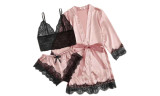 Women's Lace 3 Piece Satin Robe and Pajama Set