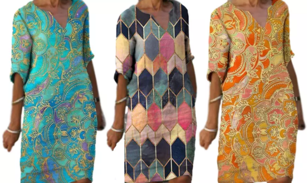 V-Neck Multicolour Printed Dress