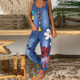 Women Sleeveless Floral Embroidered Ripped Denim Jumpsuit