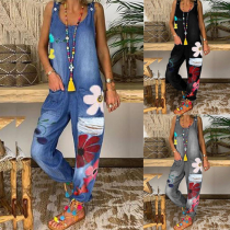 Women Sleeveless Floral Embroidered Ripped Denim Jumpsuit