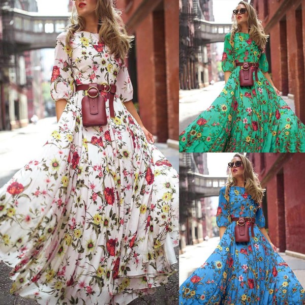 Women Bohemian Floral Long Dress 