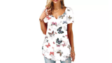 Womens V- Neck Floral Printed Tops Buttons Loose T-shirt